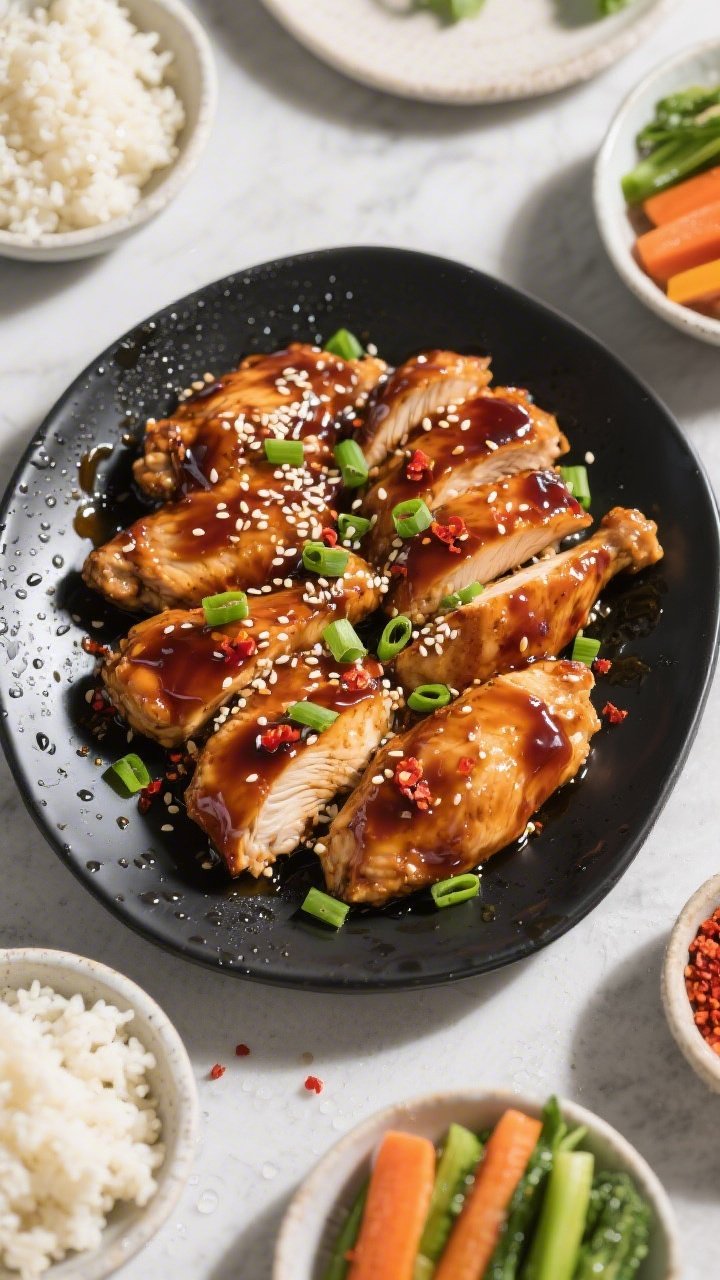 Tasty top view: Overhead shot of keto chicken teriyaki arranged family-style in a matte black servin