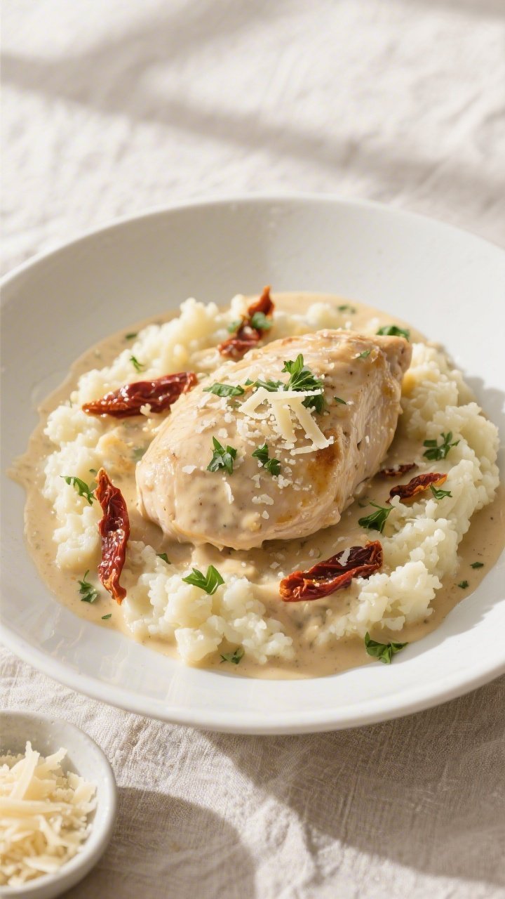 Tasty top view: Overhead shot of Keto Creamy Garlic Chicken served over buttery cauliflower mash in 