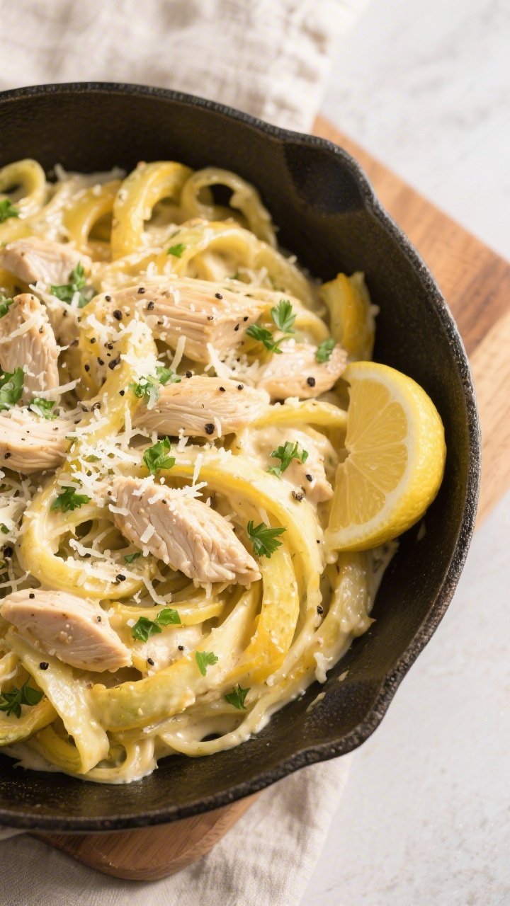 Tasty top view: Overhead shot of Keto Creamy Garlic Chicken Spaghetti Squash tossed together in the 