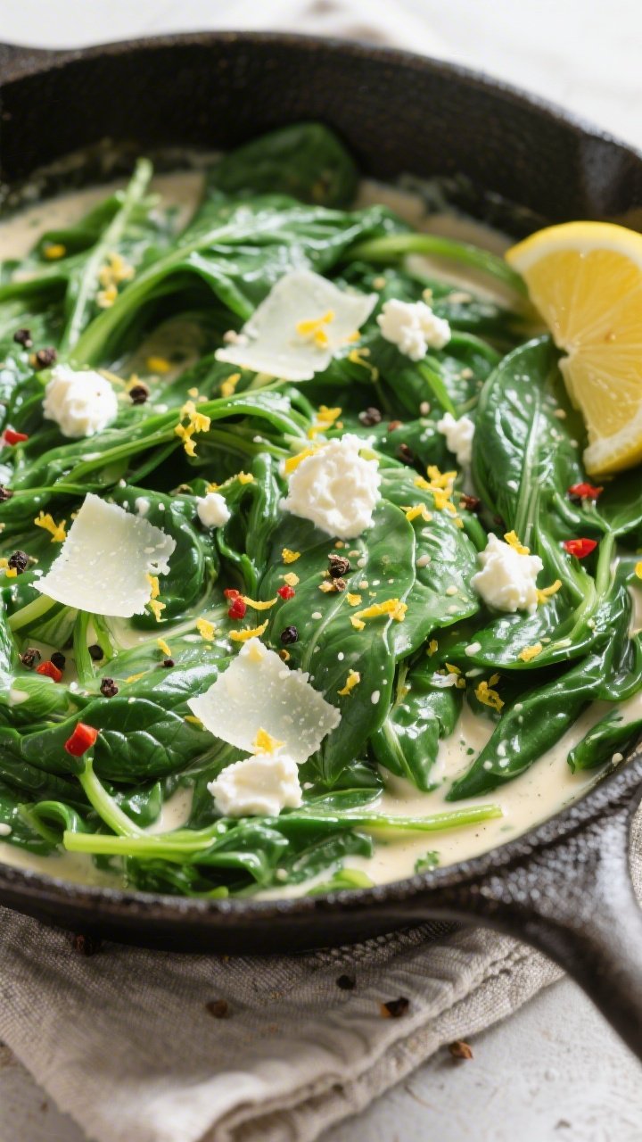 Tasty top view: Overhead shot of keto creamy garlic spinach finished in-skillet, sauce reduced and c