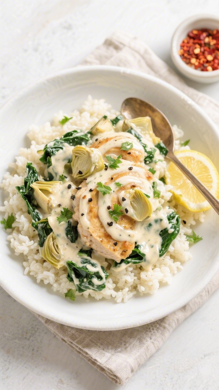 Tasty top view: Overhead shot of Keto Creamy Spinach Artichoke Chicken spooned over fluffy cauliflow