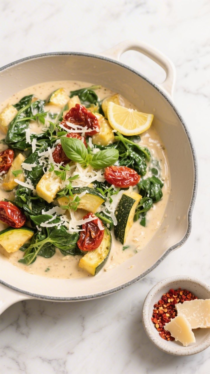 Tasty top view: Overhead shot of Keto Creamy Tuscan Vegetables in a wide, light-colored enamel skill