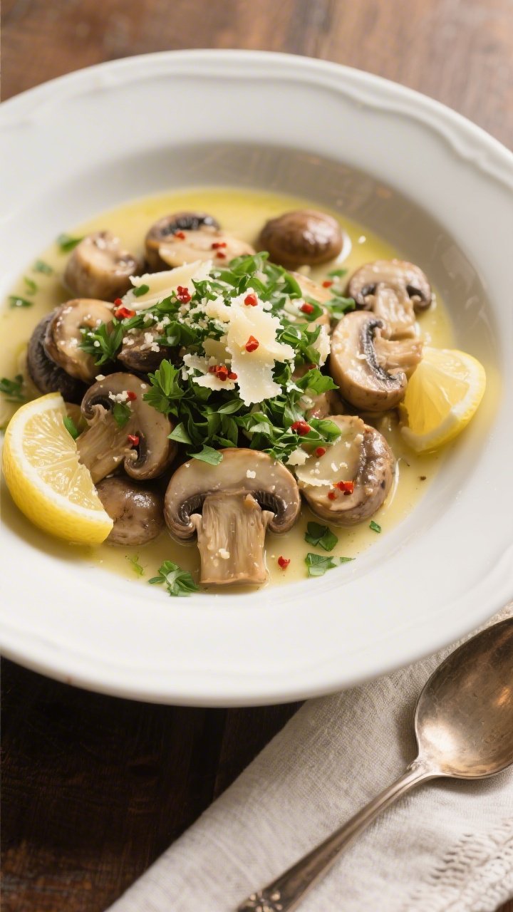 Tasty top view: Overhead shot of Keto Garlic Butter Mushrooms plated in a wide white shallow bowl, m