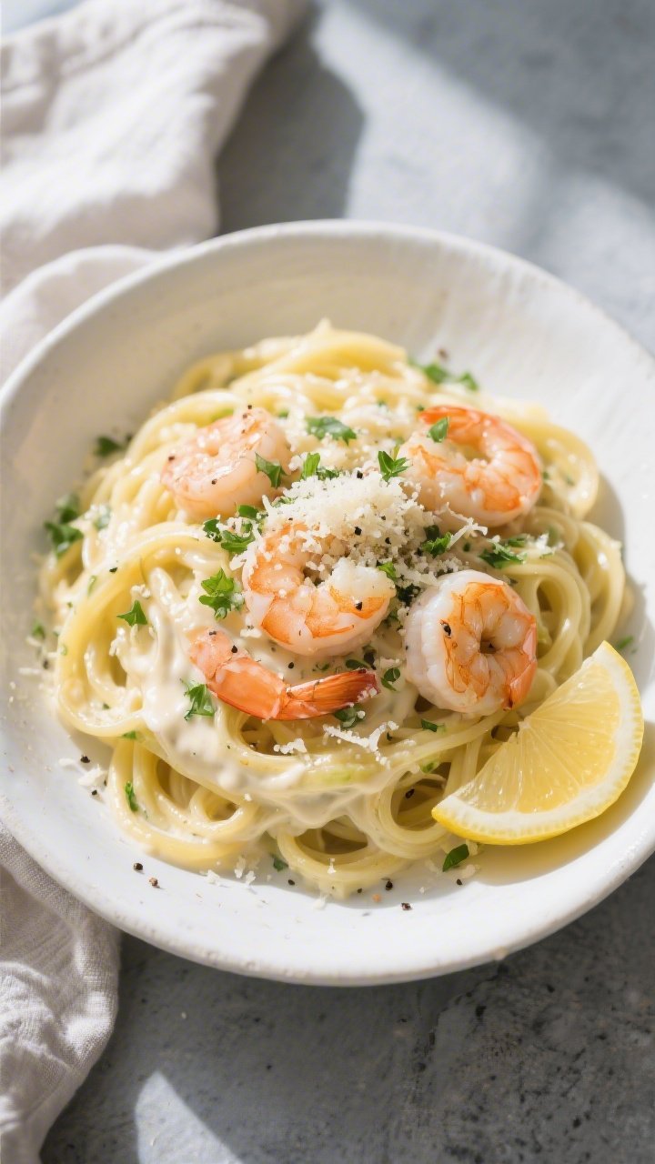 Tasty top view: Overhead shot of Keto Garlic Shrimp Alfredo Spaghetti Squash twirled into mounds in 