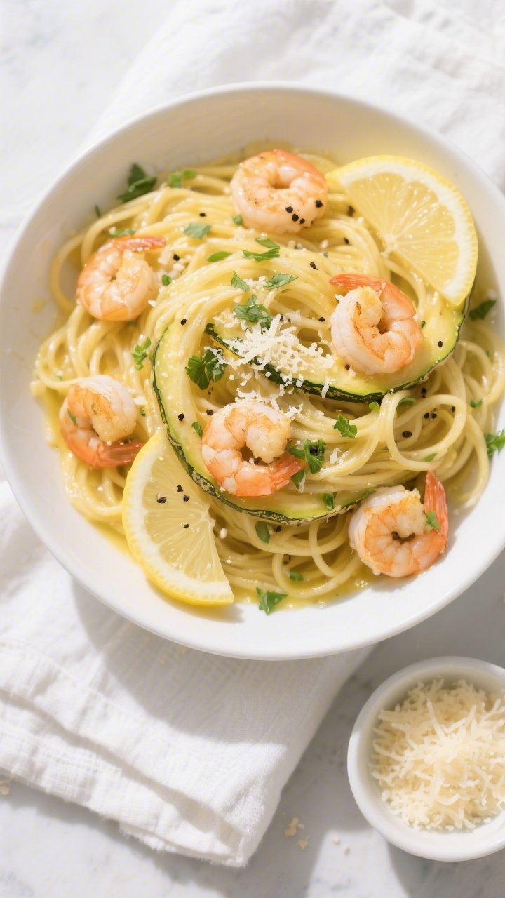 Tasty top view: Overhead shot of Keto Lemon Butter Shrimp Spaghetti Squash in a wide, shallow white 