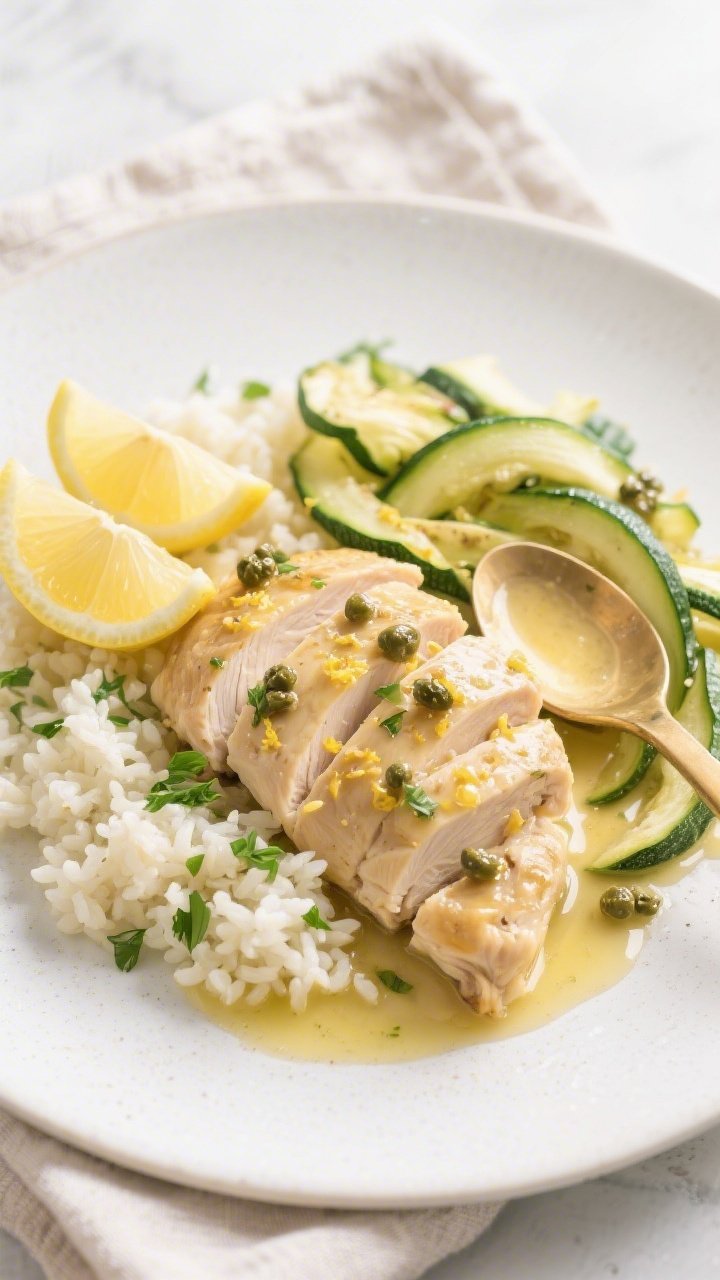 Tasty top view: Overhead shot of Keto Lemon Butter Chicken plated with cauliflower rice and sautéed