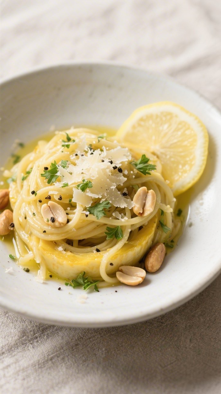 Tasty top view: Overhead shot of Keto Lemon Garlic Spaghetti Squash twirled into a shallow white bow