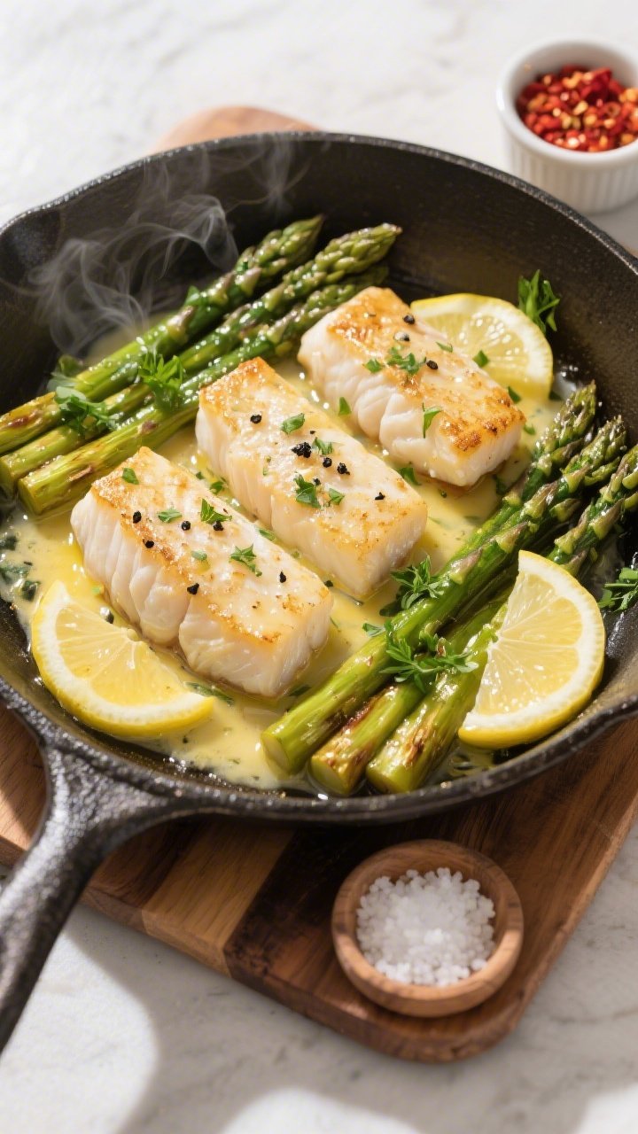 Tasty top view: Overhead shot of Lemon Butter Cod & Asparagus finished in the skillet—four fillets