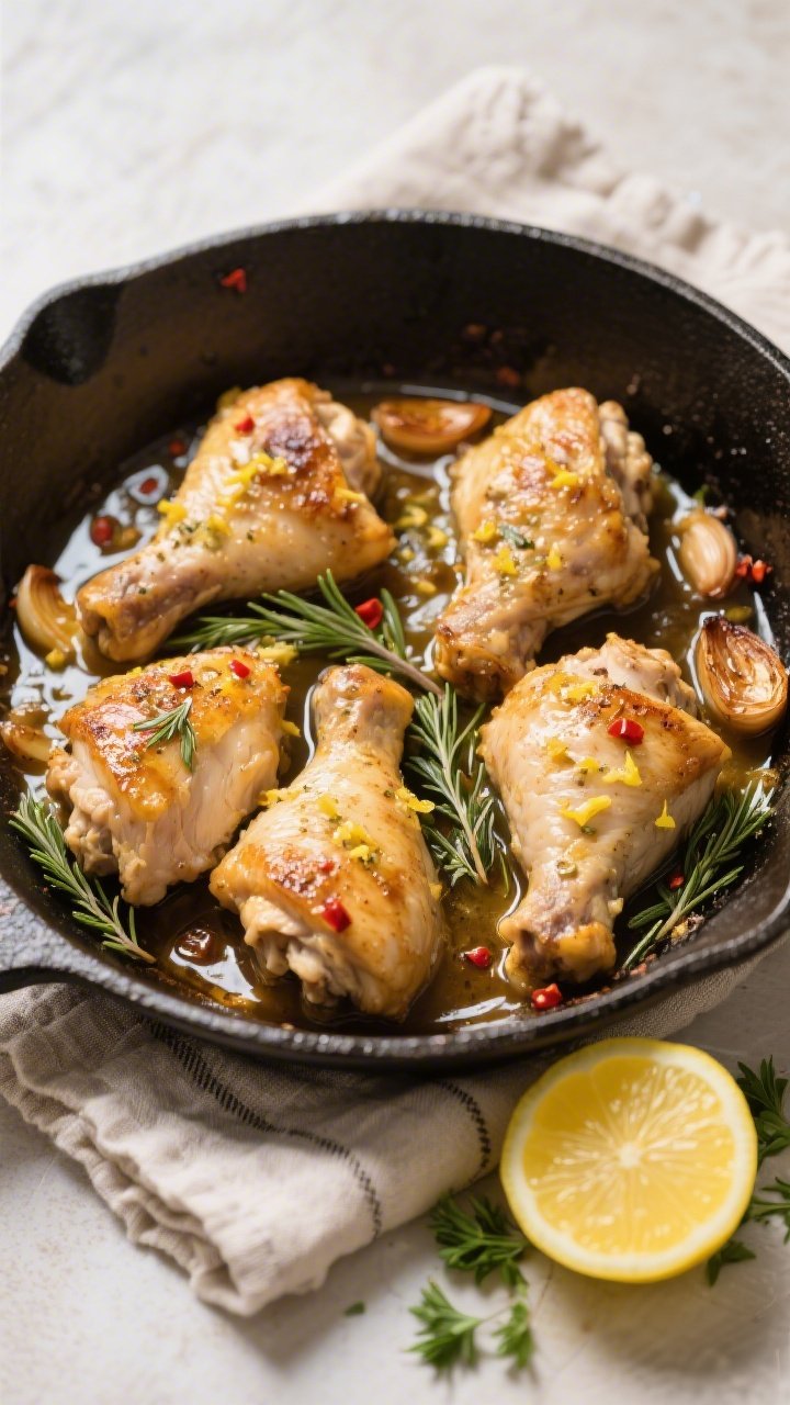 Tasty top view: Overhead shot of lemon garlic butter chicken thighs just out of the oven, nestled in