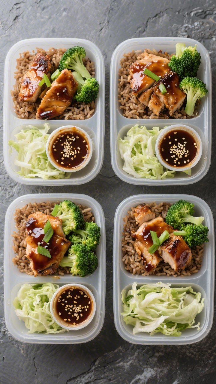 Tasty top view: Overhead shot of meal-prep portions—four tidy containers each with a base of brown