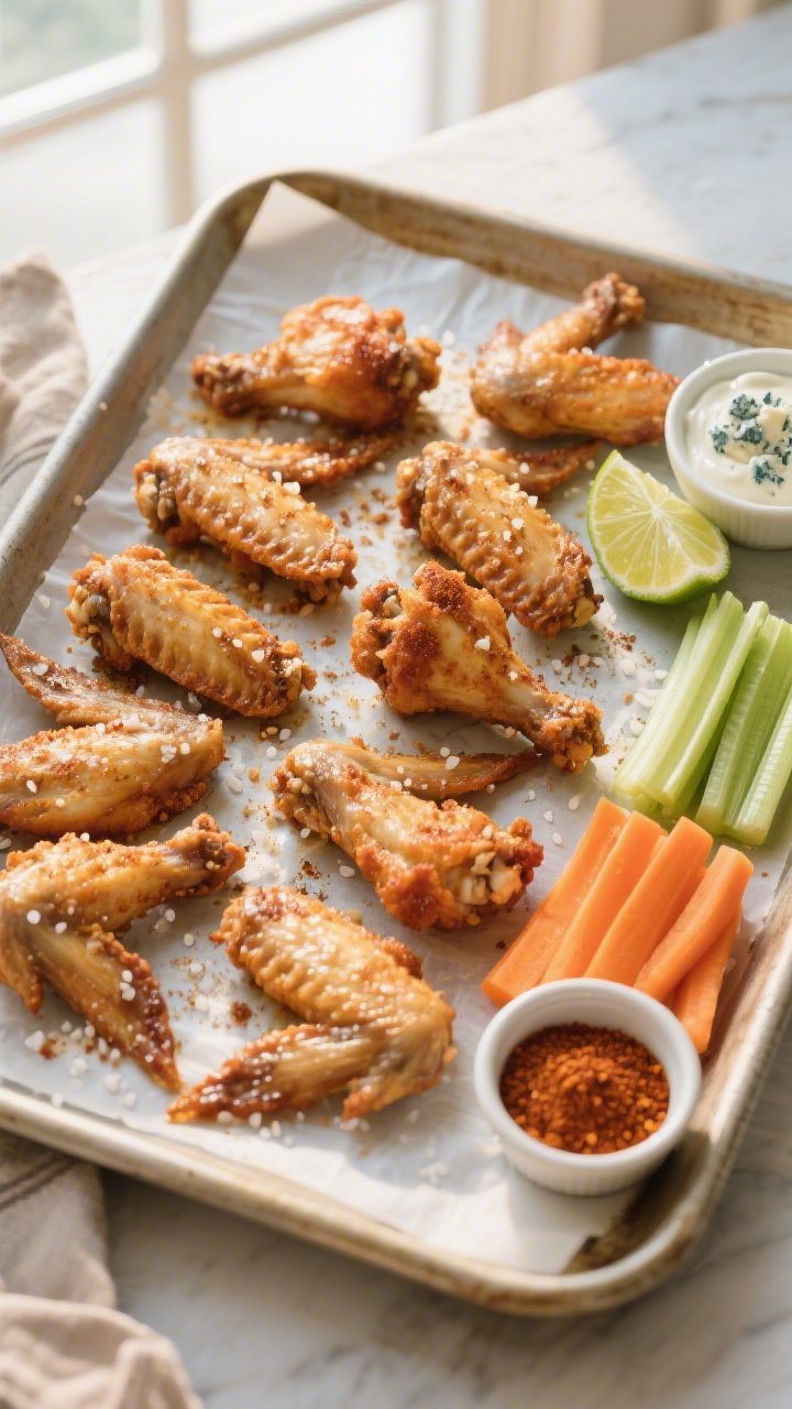 Tasty top view: Overhead shot of “naked” crispy wings arranged in a single layer on a parchment-