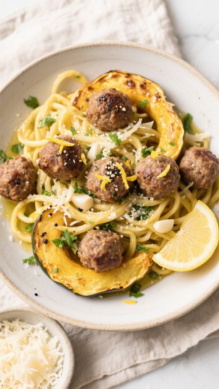 Tasty top view: Overhead shot of roasted spaghetti squash strands tossed with garlic butter, grated