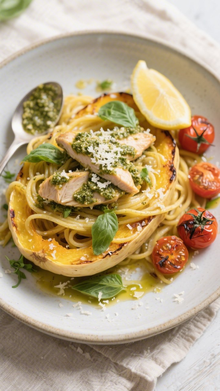 Tasty top view: Overhead shot of roasted spaghetti squash “noodles” fluffed into a wide, shallow