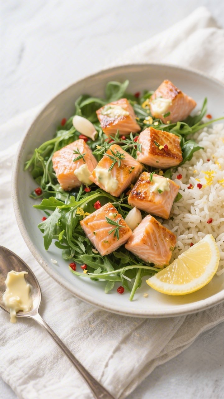 Tasty top view: Overhead shot of salmon bites tossed with garlic-herb butter over a bed of arugula a