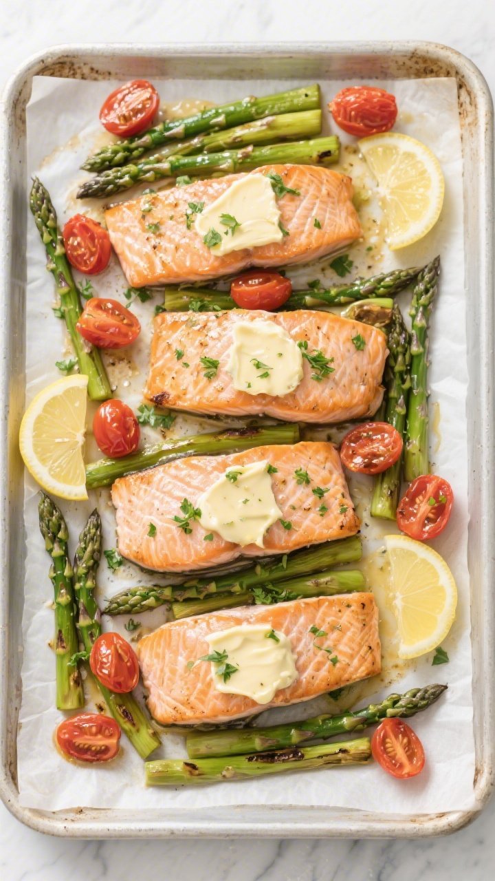 Tasty top view: Overhead shot of sheet-pan oven method—four cooked salmon fillets arranged among r
