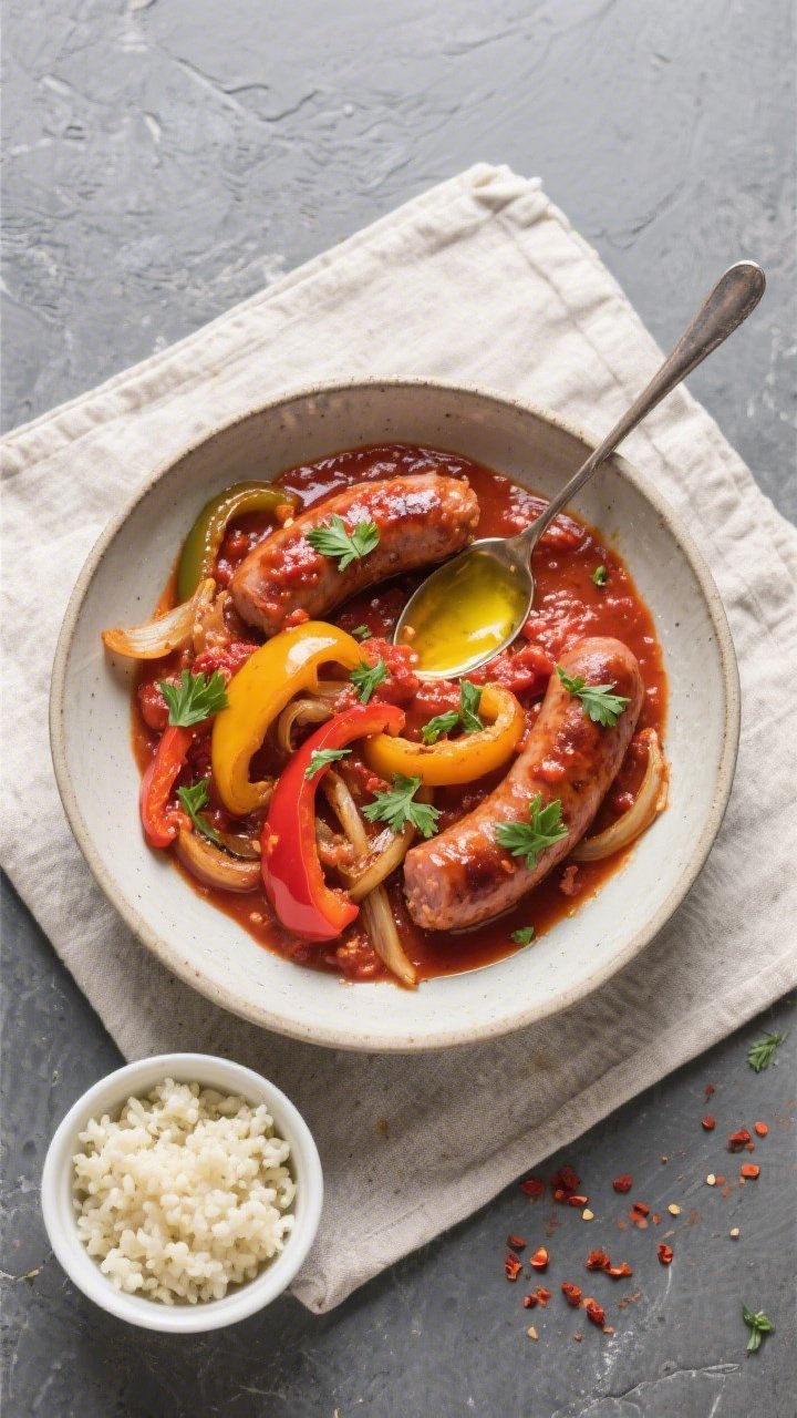 Tasty top view: Overhead shot of sliced keto sausage and peppers spooned into a wide shallow bowl, r