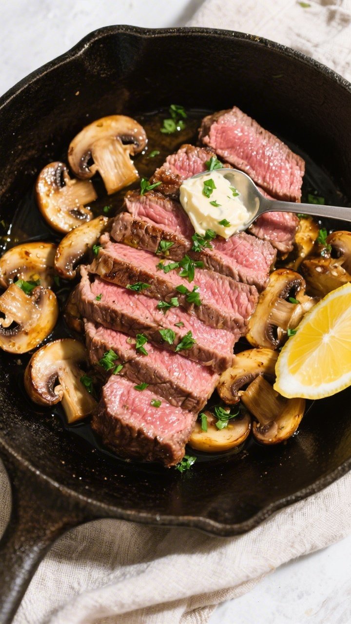 Tasty top view: Overhead shot of sliced medium-rare New York strip arranged fanned over a bed of gol
