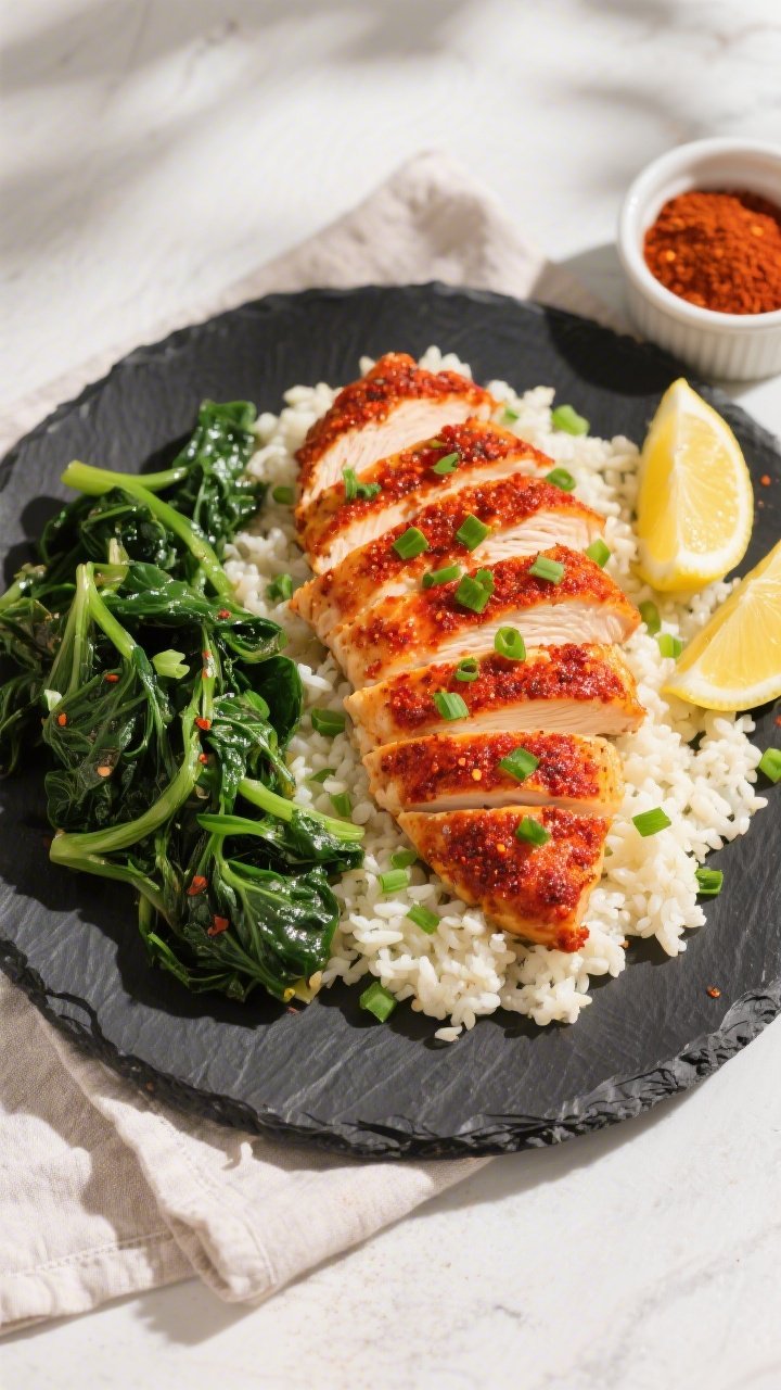 Tasty top view: Overhead shot of sliced Spicy Cajun Keto Chicken fanned over cauliflower rice with s