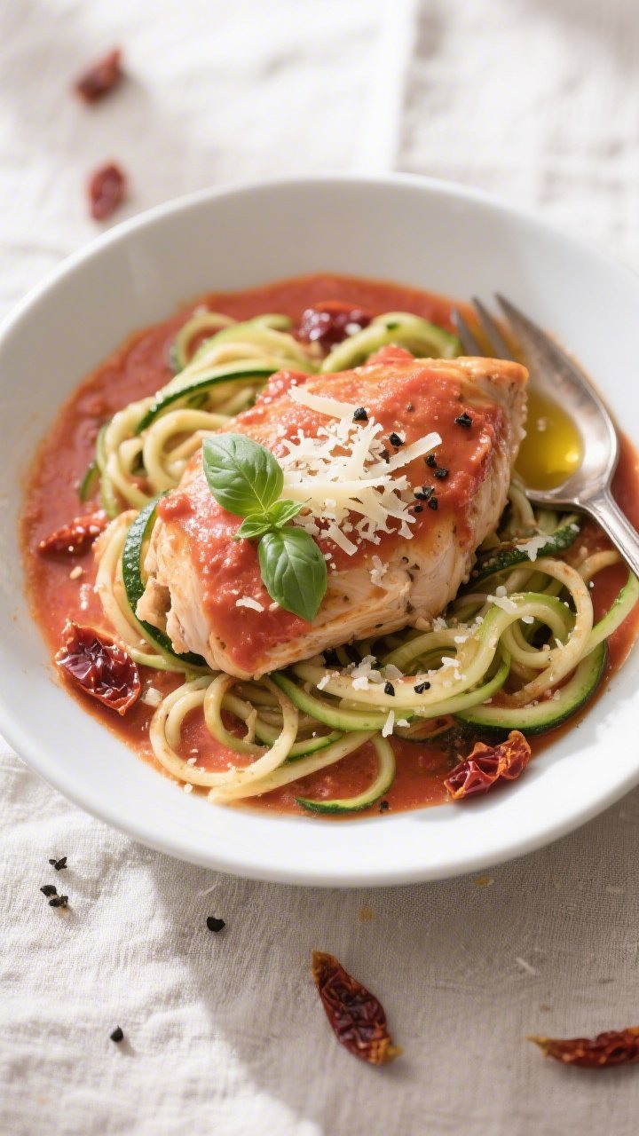 Tasty top view: Overhead shot of Slow Cooker Keto Italian Chicken spooned over twirled zucchini nood