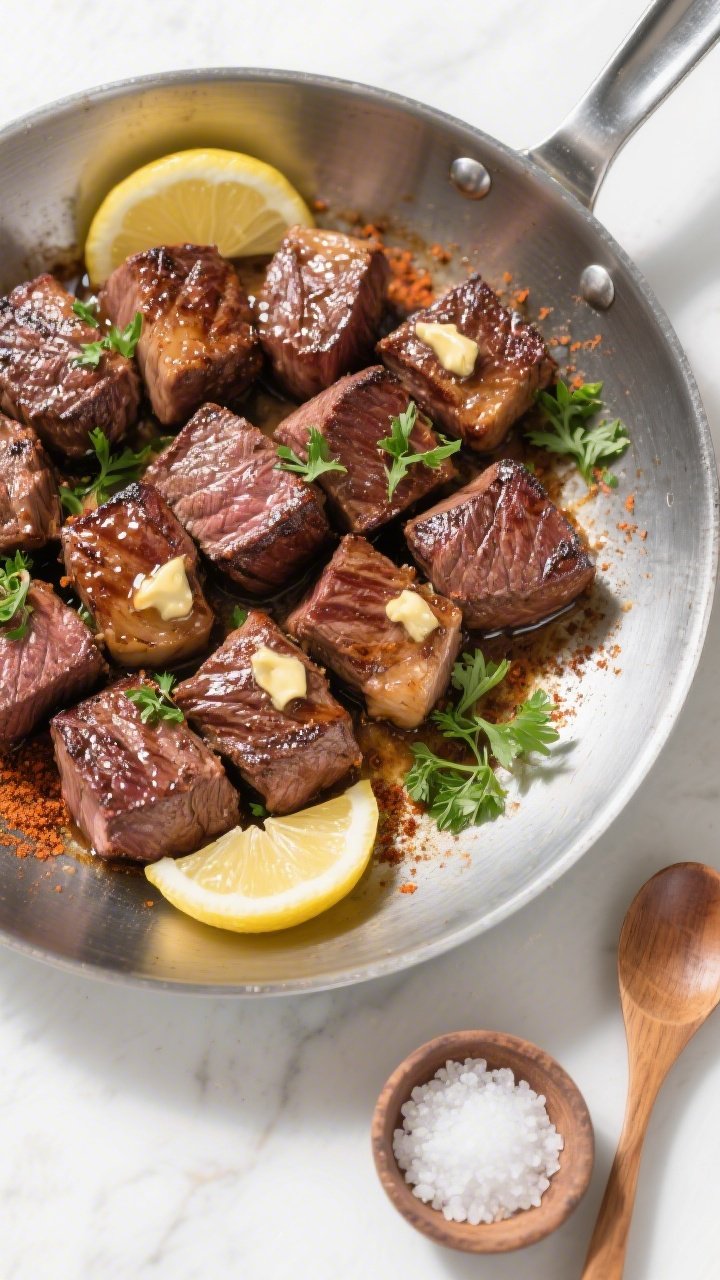 Tasty top view: Overhead shot of steak bites arranged in a single layer in a stainless-steel skillet