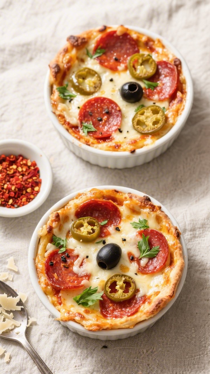 Tasty top view: Overhead shot of the assembled and baked keto pizza bowls (two ramekins) on a neutra