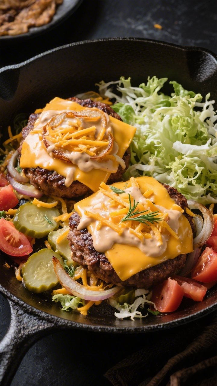 Tasty top view: Overhead shot of the assembled Keto Double Cheese Smash Burger Skillet in the pan—