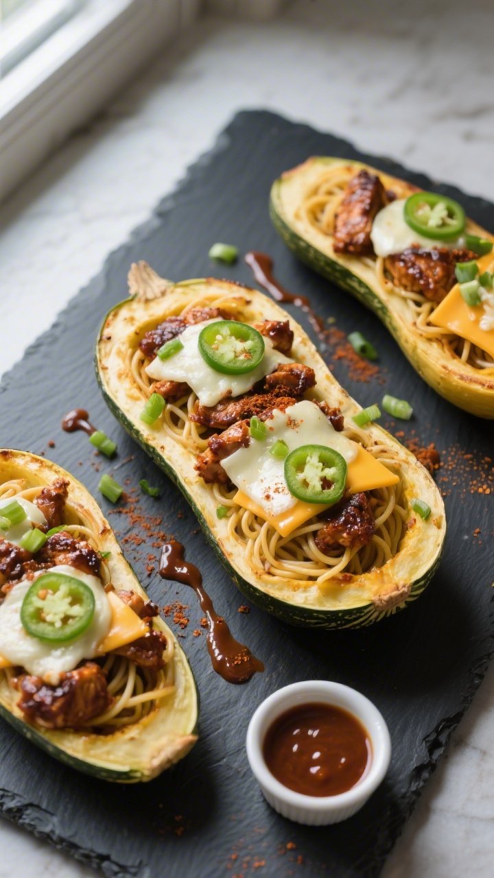 Tasty top view: Overhead shot of the assembled squash boats on a dark slate board, spaghetti-like st