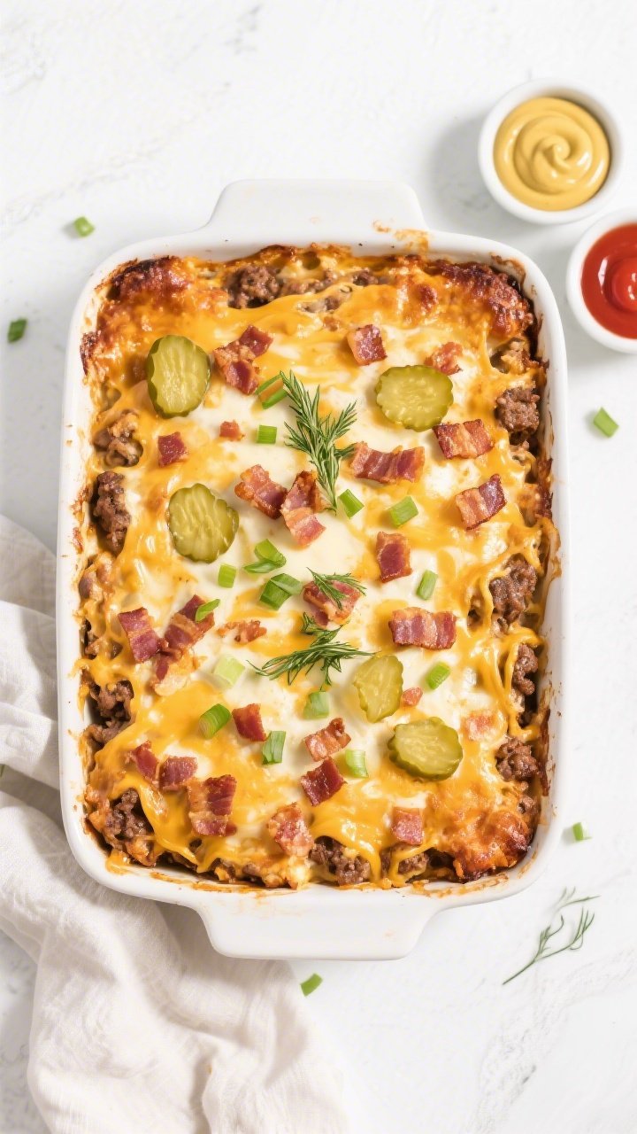 Tasty top view: Overhead shot of the baked Keto Loaded Cheeseburger Casserole in a 9x13 dish, top bu