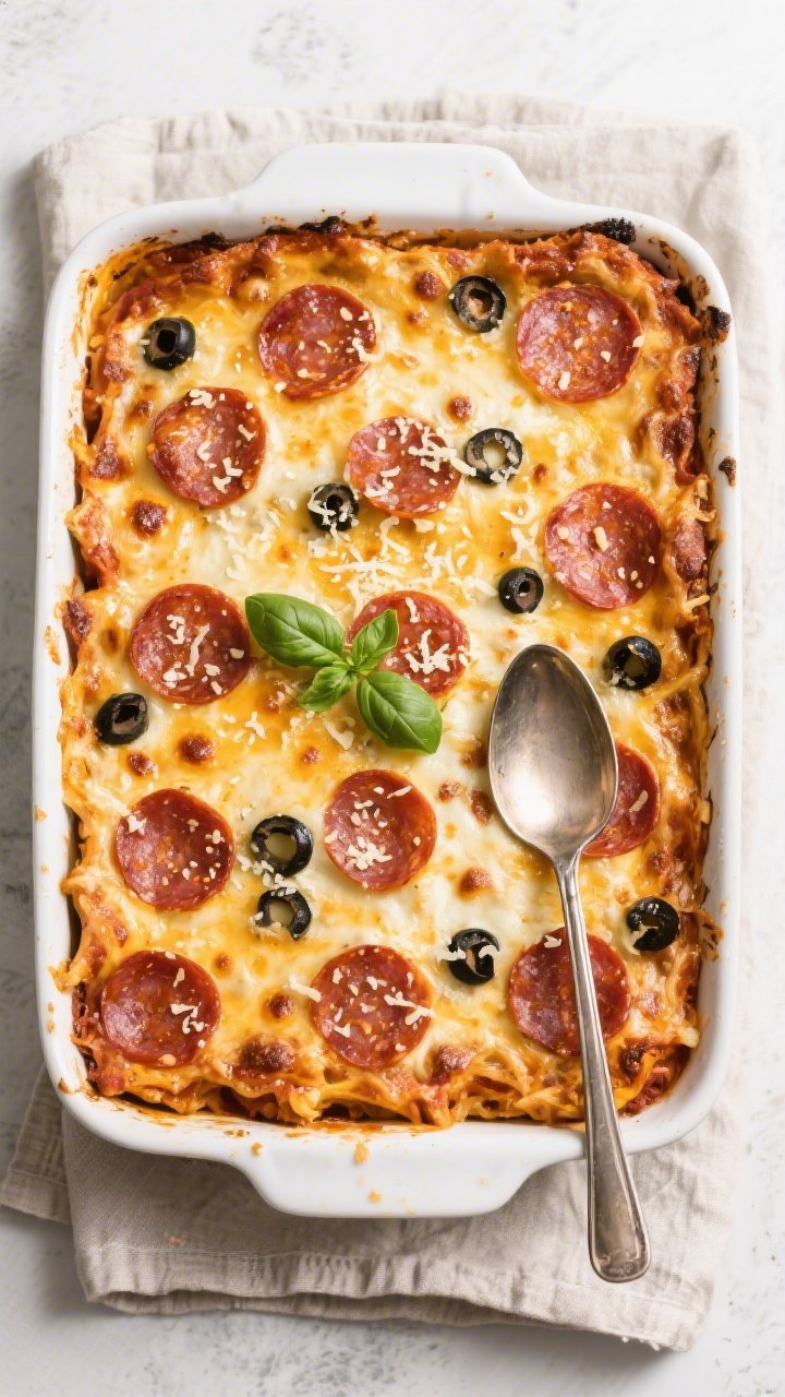 Tasty top view: Overhead shot of the baked Keto Pizza Casserole in a 9x13 dish, cheese melted and bu