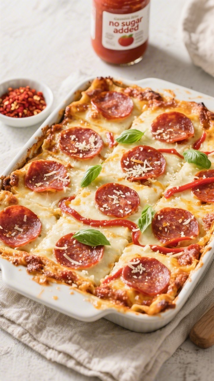 Tasty top view — Overhead shot of the casserole in a 9x13 dish, neatly sliced into squares: even p