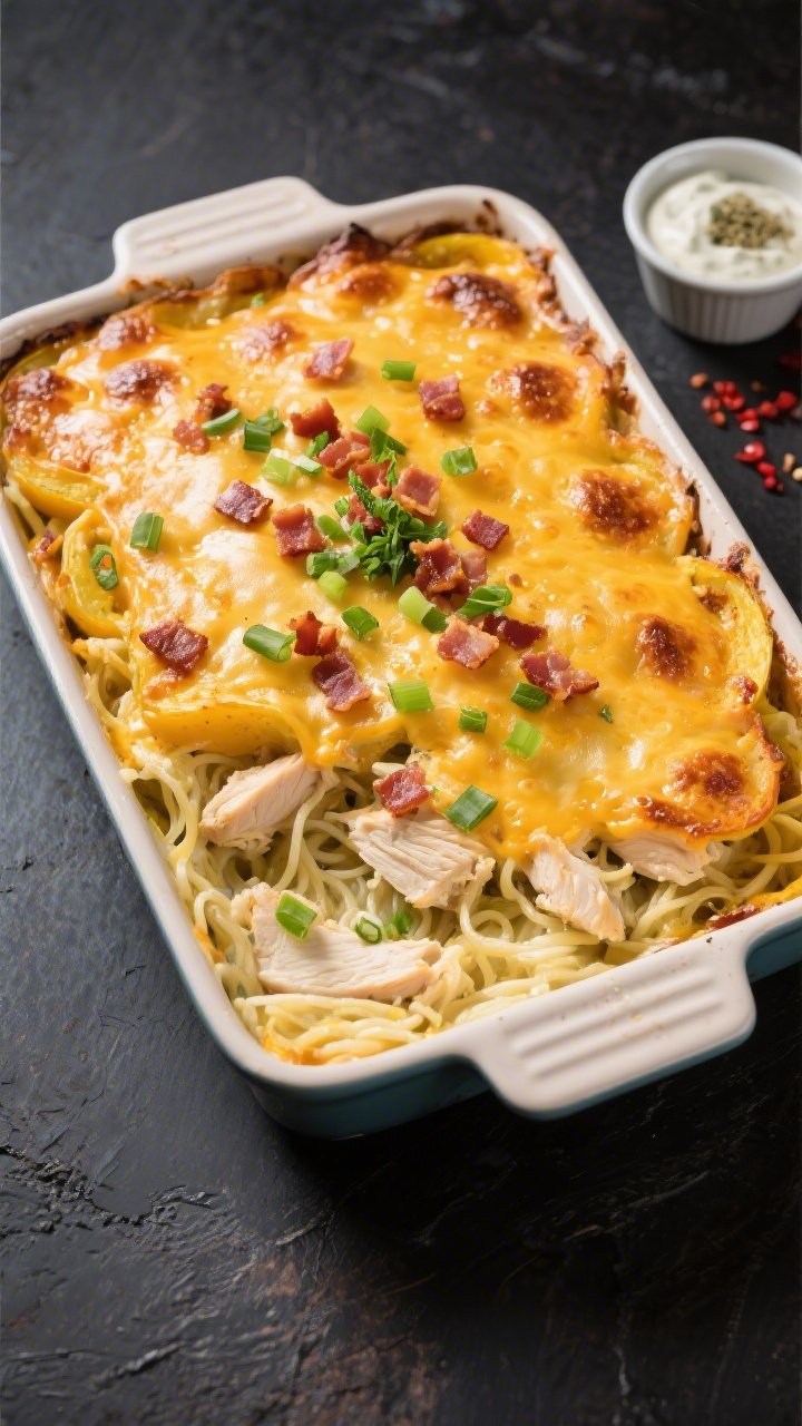 Tasty top view: Overhead shot of the casserole in a 9x13 baking dish right after broil—bubbly, dee