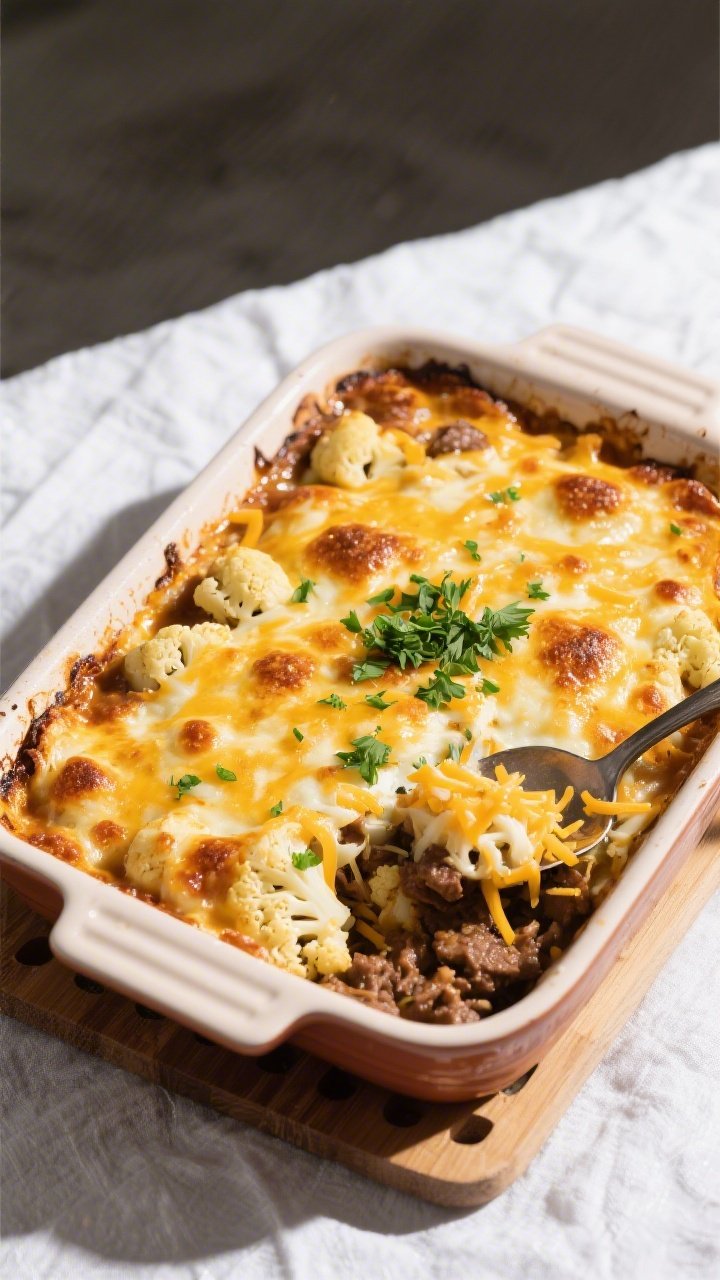 Tasty top view: Overhead shot of the Cheesy Beef & Cauliflower Bake just out of the oven in a 9x13 c