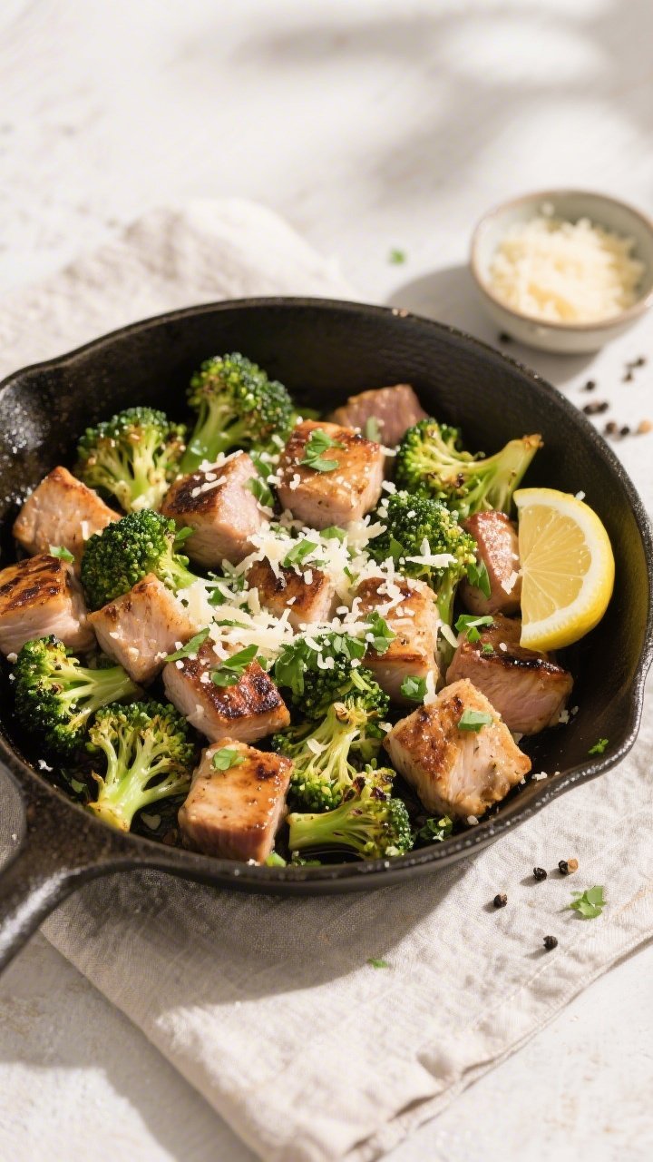 Tasty top view: Overhead shot of the complete Garlic Parmesan Pork Bites & Broccoli in a wide skille