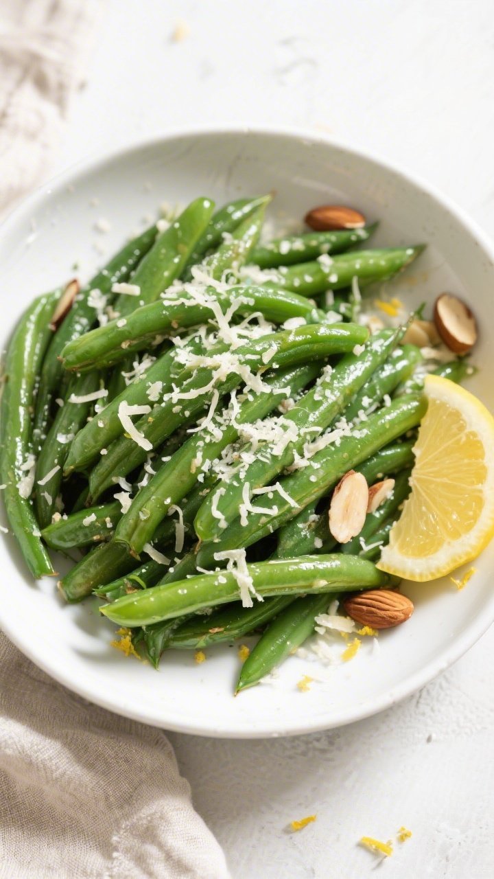 Tasty top view: Overhead shot of the final Keto Garlic Parmesan Green Beans plated family-style in a