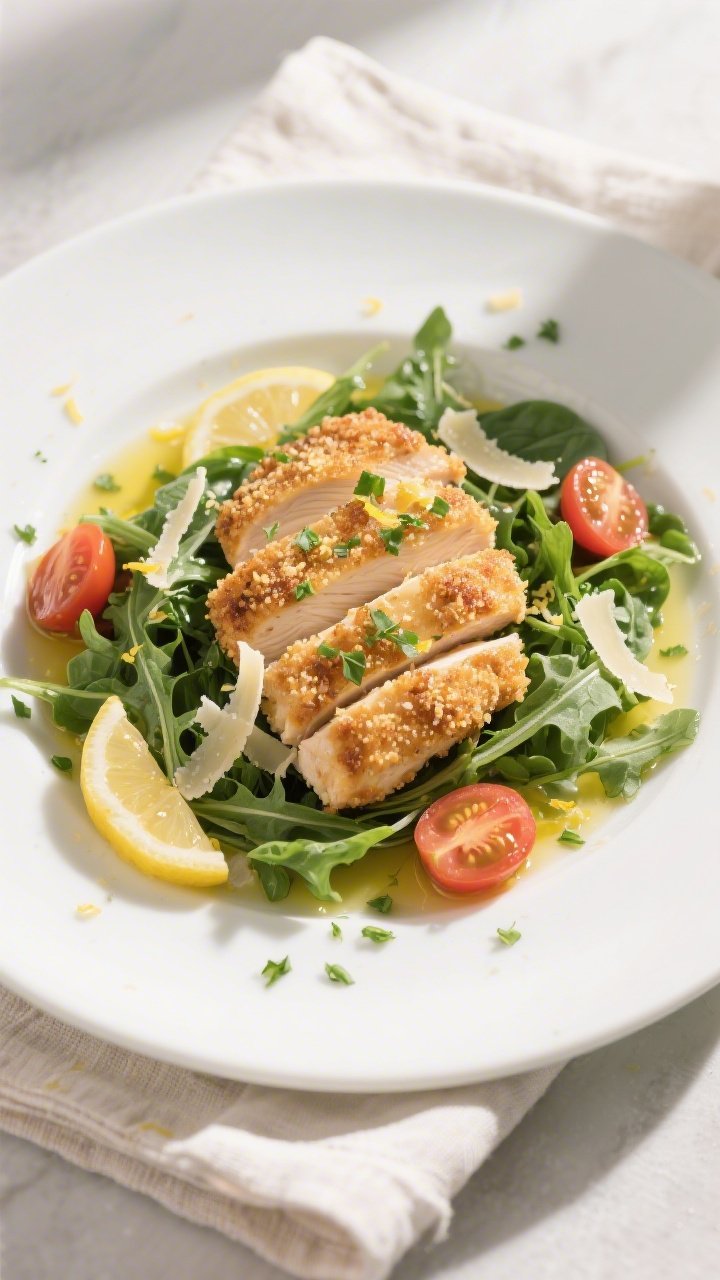 Tasty top view: Overhead shot of the final plated Crispy Parmesan Crusted Chicken & Greens—sliced 