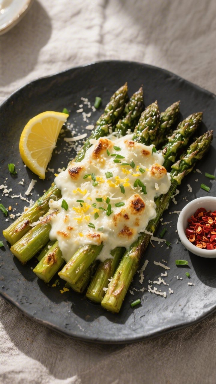 Tasty top view: Overhead shot of the final plated Keto Cheesy Baked Asparagus on a matte charcoal pl
