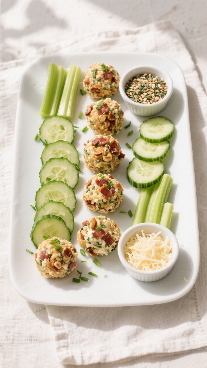Tasty top view: Overhead shot of the final platter of 3-Ingredient Keto Cheeseballs arranged in neat