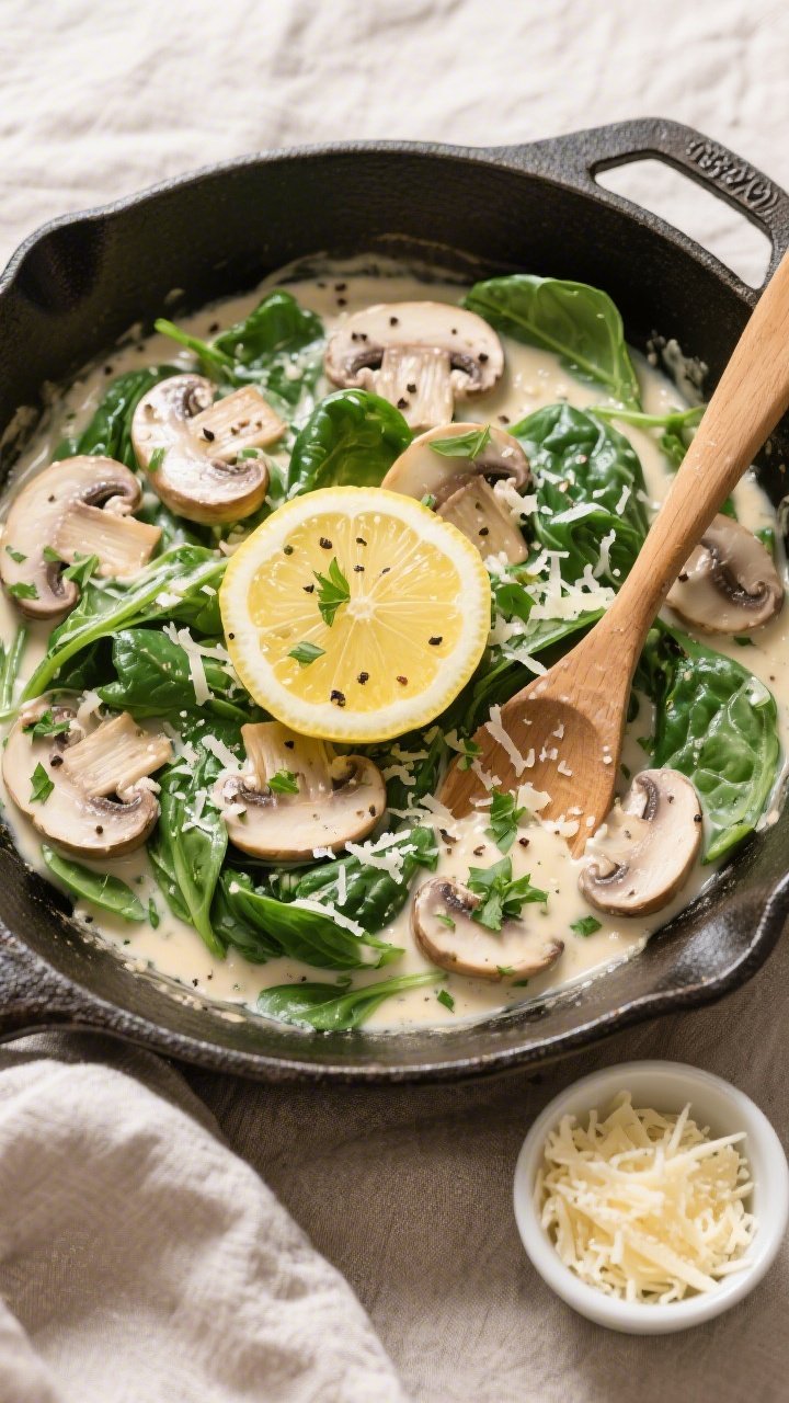 Tasty top view: Overhead shot of the finished creamy spinach & mushroom skillet, silky cream sauce c