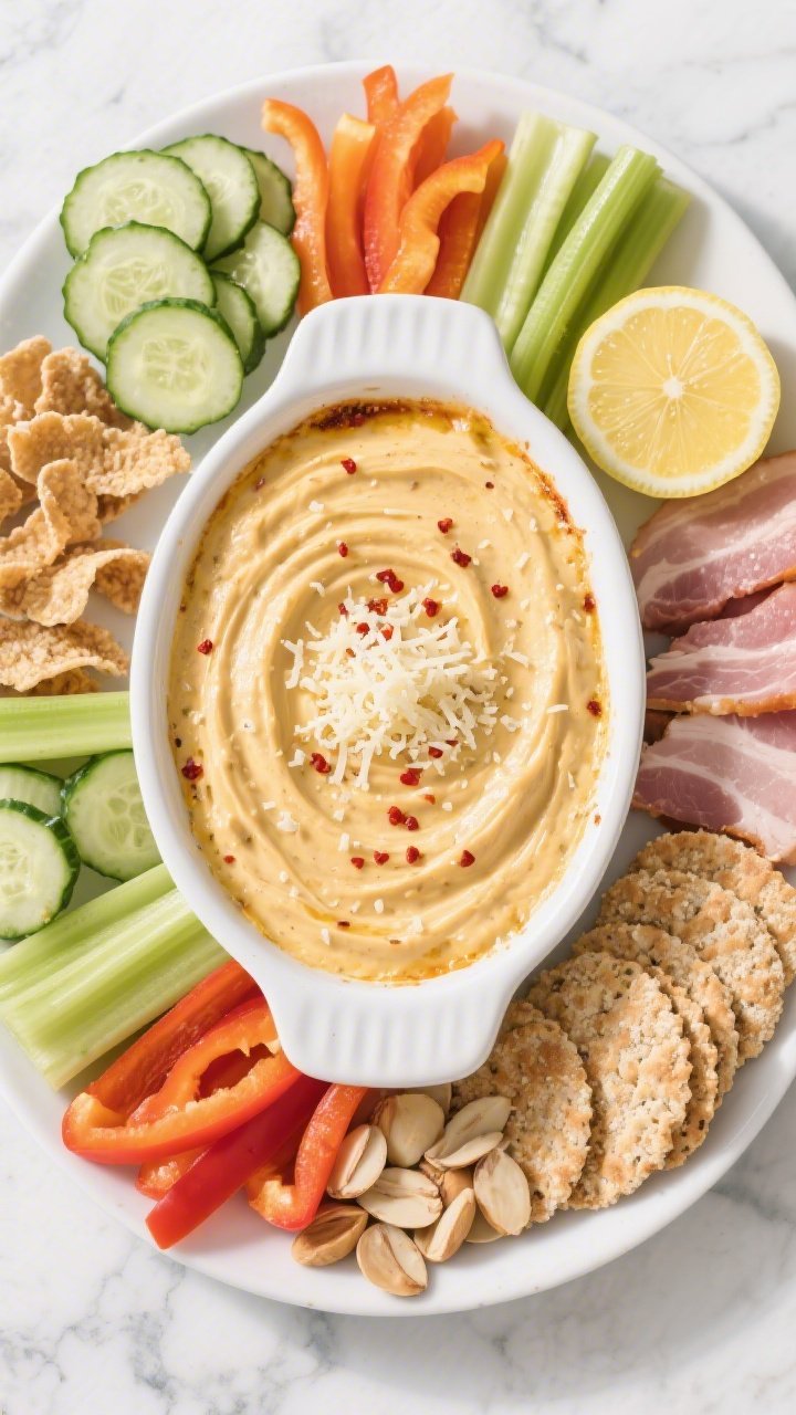 Tasty top view: Overhead shot of the finished dip served family-style in a white oval gratin dish, c