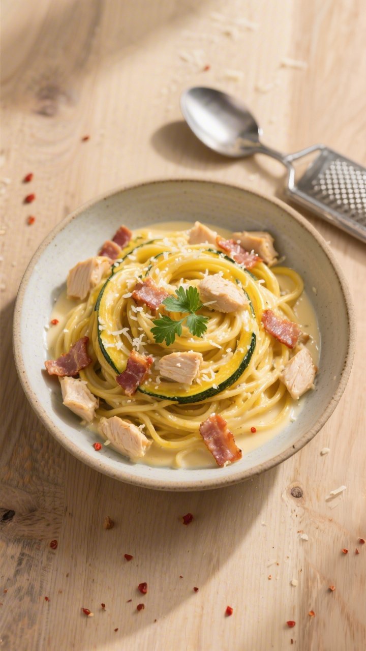 Tasty top view: Overhead shot of the finished dish twirled into a shallow ceramic bowl—golden squa