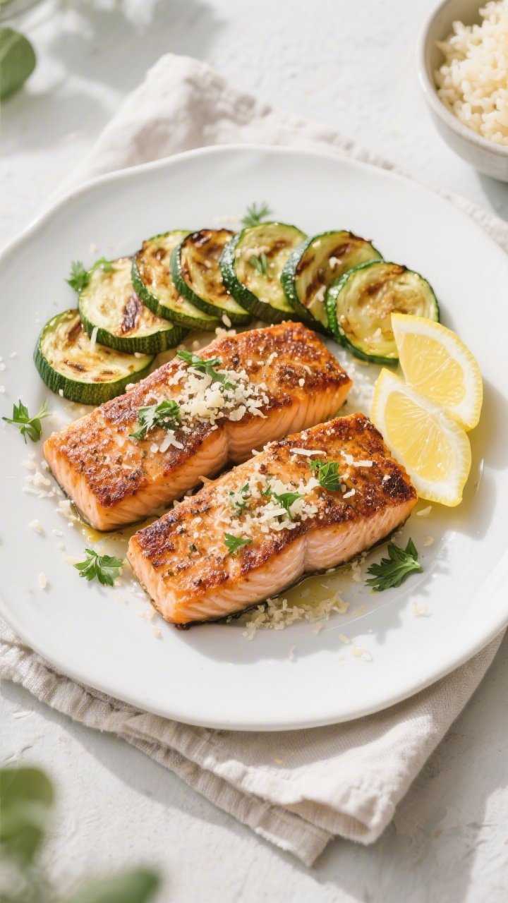 Tasty top view: Overhead shot of the finished Garlic Parmesan Salmon & Zucchini plated as a balanced