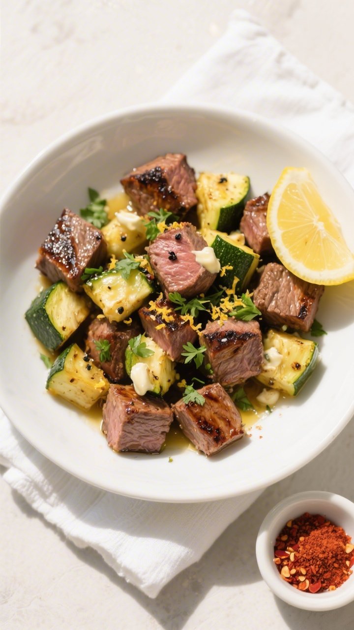 Tasty top view: Overhead shot of the finished Garlic Butter Steak Bites & Zucchini, arranged in a wi