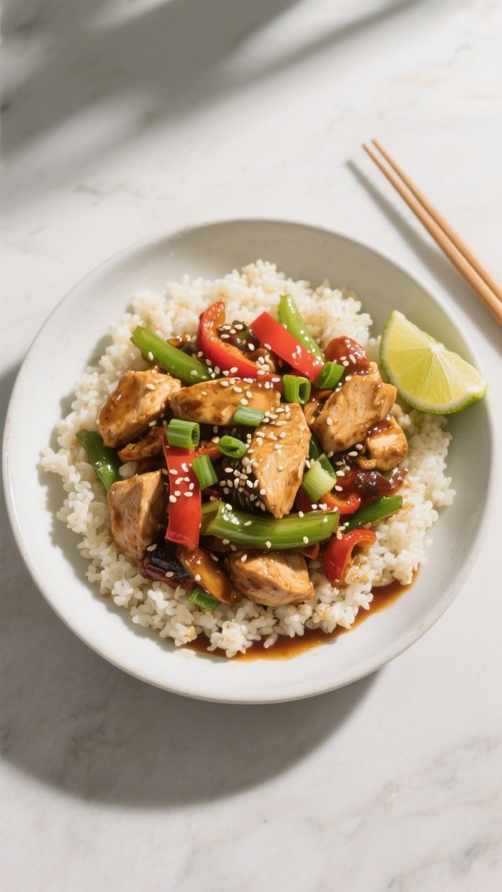 Tasty top view: Overhead shot of the finished Keto Chicken Stir Fry served over fluffy cauliflower r
