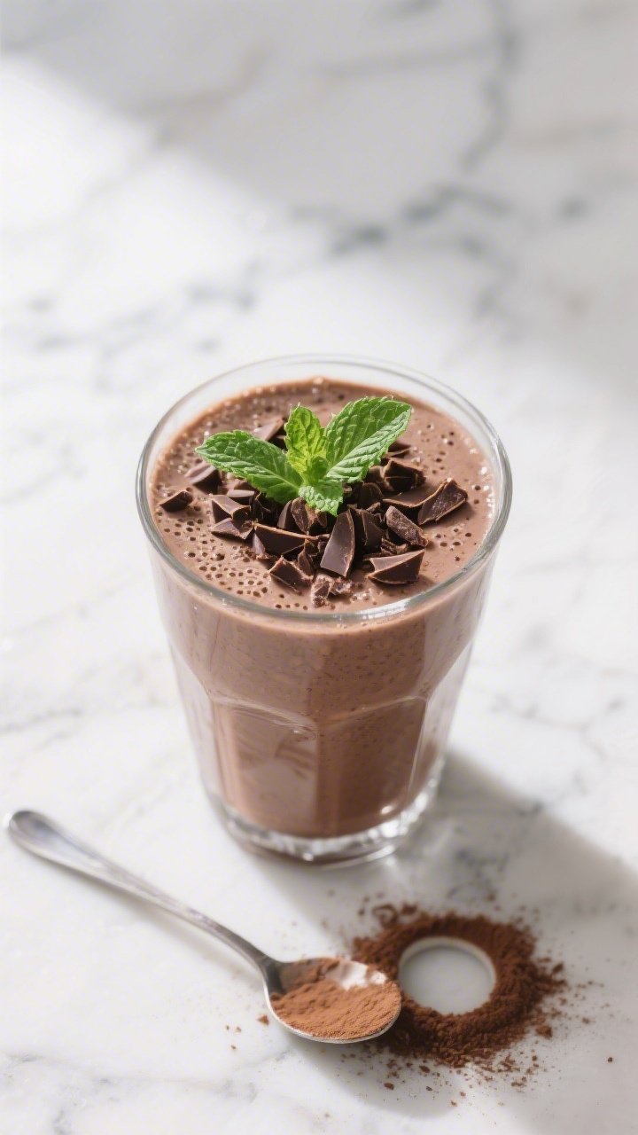 Tasty top view: Overhead shot of the finished Keto Mint Chocolate Smoothie in a clear tumbler, toppe