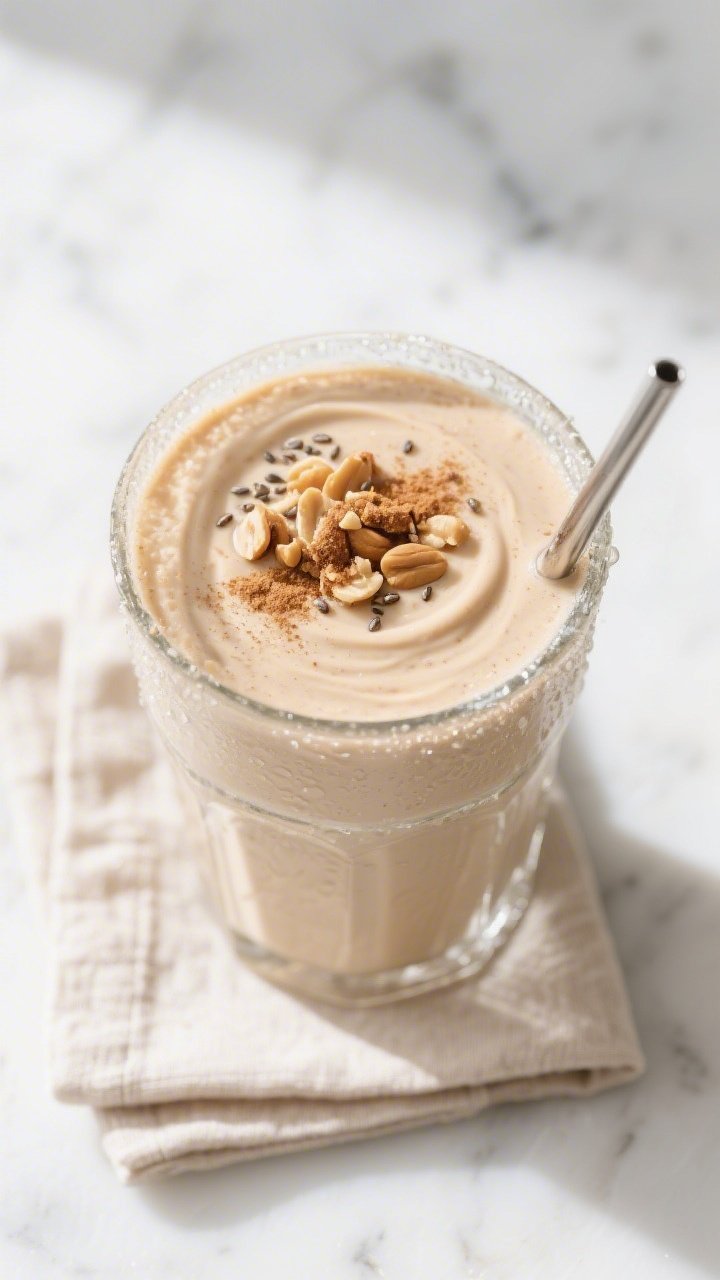 Tasty top view: Overhead shot of the finished Keto Peanut Butter Smoothie in a clear tumbler, topped