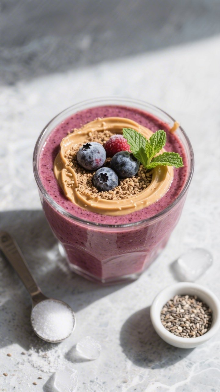 Tasty top view: Overhead shot of the finished keto berry smoothie in a wide, low tumbler, topped wit