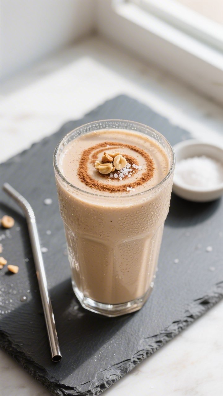 Tasty top view: Overhead shot of the finished Keto Peanut Butter Banana Smoothie in a clear tumbler,