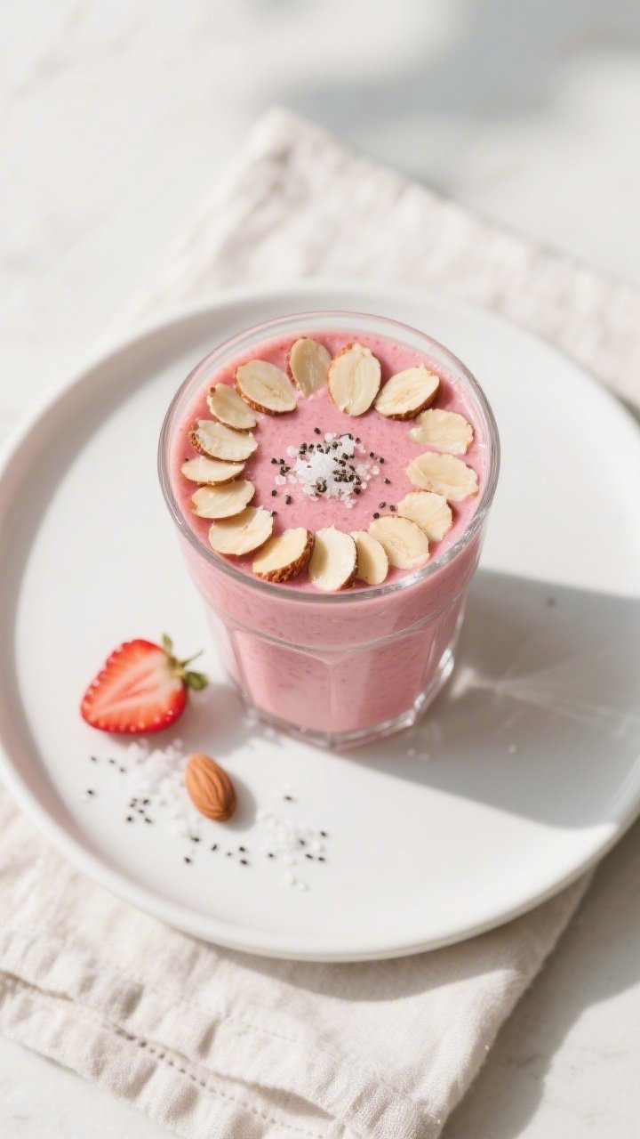 Tasty top view: Overhead shot of the finished Keto Strawberry Almond Smoothie in a clear tumbler, ri