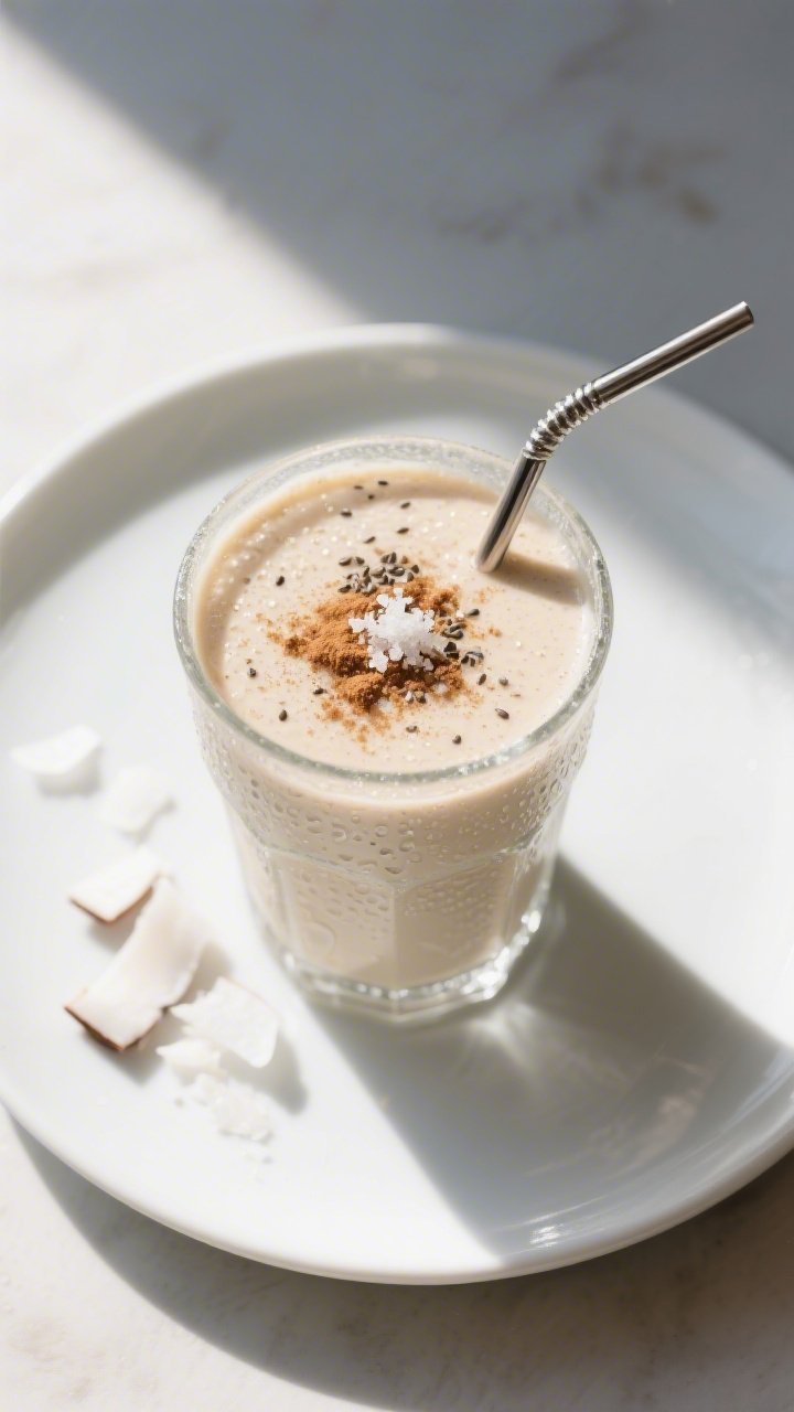 Tasty top view: Overhead shot of the finished Keto Vanilla Protein Smoothie in a frosty glass, toppe
