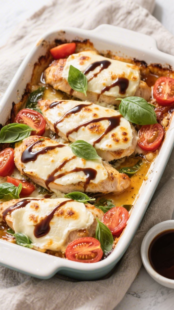 Tasty top view: Overhead shot of the finished Keto Chicken Caprese Bake in the baking dish, all four